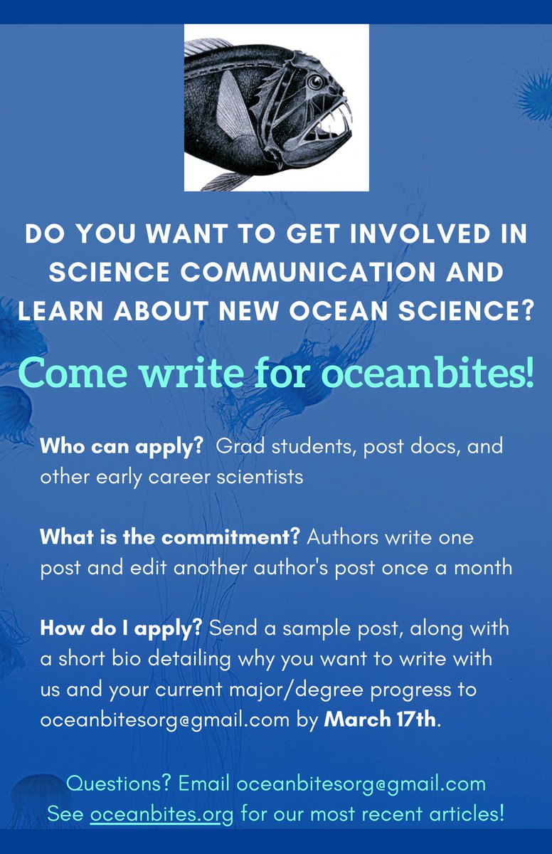 Interested in science communication and ocean science? Oceanbites is starting our annual call for new authors! Send us a sample blog by March 17th to be considered. Find out more information here: oceanbites.org/contact-us/