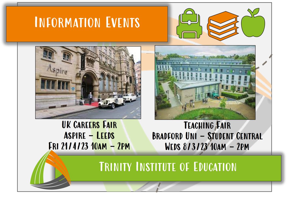Trinityteach's tweet photo. We are at the University of Bradford this Wednesday (8/3/23) for 10am until 2pm to discuss our primary and secondary teacher training programmes. Come and see us in Student Central.

@unibradcareers @NatInstTeaching @getintoteaching  #uobcareersfair #getintoteaching https://t.co/qVv9meLTOw