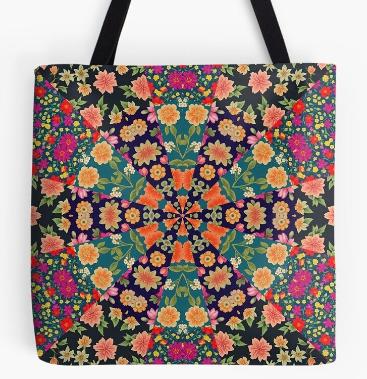 New in my #RedbubbleShop today a nice patchwork mandala design. I digitally 'stitched together' panels of folk art florals to create this design. Looks great on several different products...
#FindYourThing #FindYourColors 
redbubble.com/i/tote-bag/Fol…