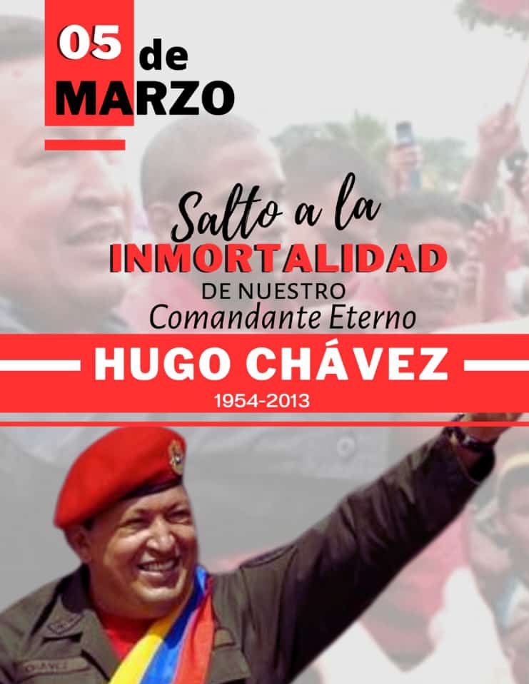 🗓️#05MAR "Hoy a 10 años de la Siembra de nuestro Comandante Hugo Chávez Frías, su pensamiento y práctica de la lucha descolonial, antiimperialista y liberadora; son nuestra bandera para continuar marchando a un nuevo modelo civilizatorio más humano y justo" #YoSoyChavez