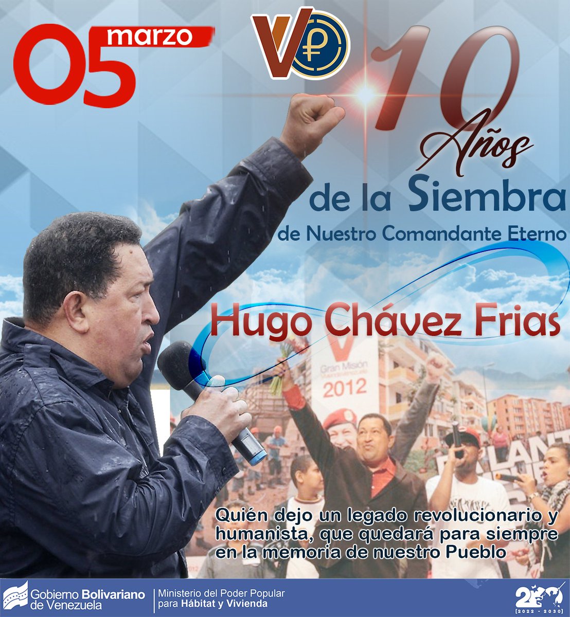 Cmdte. Eterno, Hugo #Chávez, #hoy se cumplen 10 años desde que partió a la eternidad para hacerse eterno en el corazón de cada venezolano, fundador de la #RevoluciónBolivariana y luchador por los oprimidos. Seguiremos tu legado, forjando la #Patria libre y soberana. #YoSoyChávez
