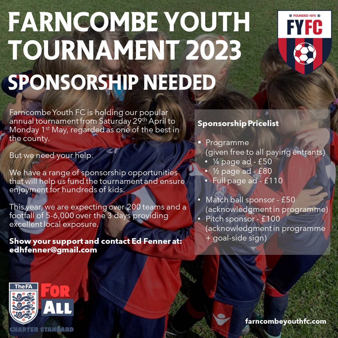 We're holding our popular tournament from Sat 29 April - Mon 1 May. We need your help.
We have a range of sponsorship opps that will help us fund it &amp; ensure fun for hundreds of kids.
We're expecting over 200 teams and footfall of 5-6,000 over the 3 days providing local exposure.