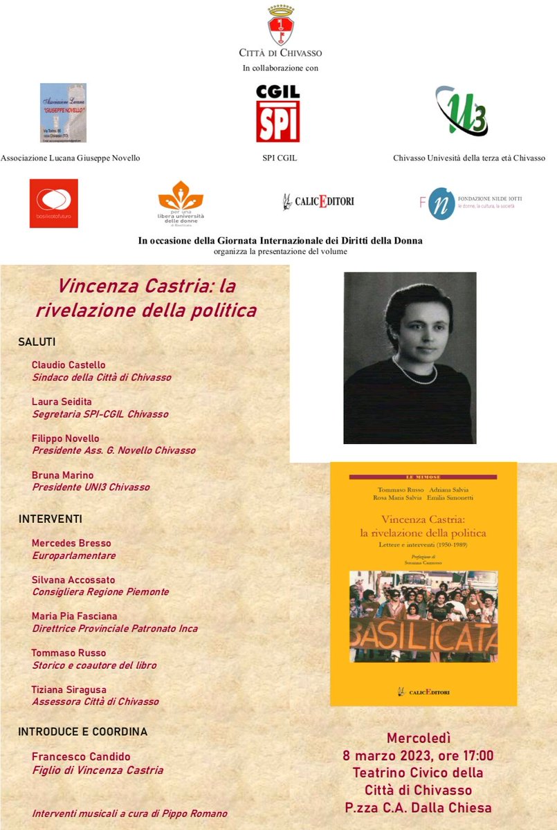 8miste's tweet photo. 8 marzo 23 ore 17 teatrino di Chivasso presentazione di "Vincenza Castria la rivelazione della politica" @SusannaCamusso @TurcoLivia @collettiva_news @DonneCgil @cgilpiemonte @cgilbas @BasilicataFutur 
https://t.co/ayNaBaftoC https://t.co/0leNZpv51e