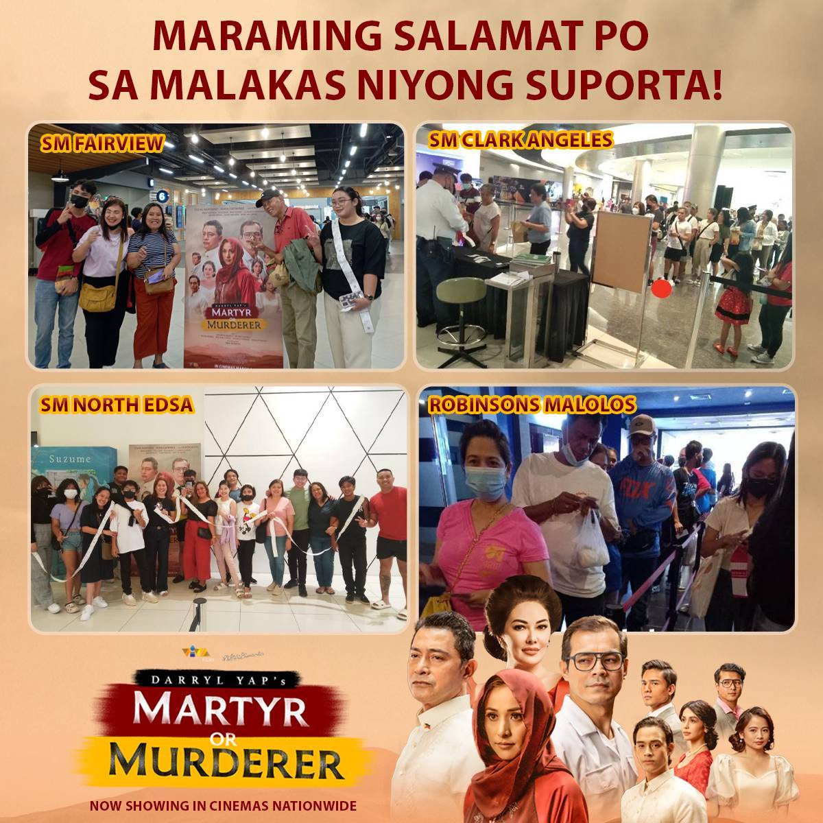 VIVA_Films's tweet photo. Maraming salamat po sa malakas niyong suporta! Mula MiM hanggang MoM, ramdam na ramdam sa buong bansa ang pagmamahal niyo!

Now showing in cinemas nationwide. #MoMNowShowing #MartyrOrMurderer https://t.co/iwTJxad0Dg