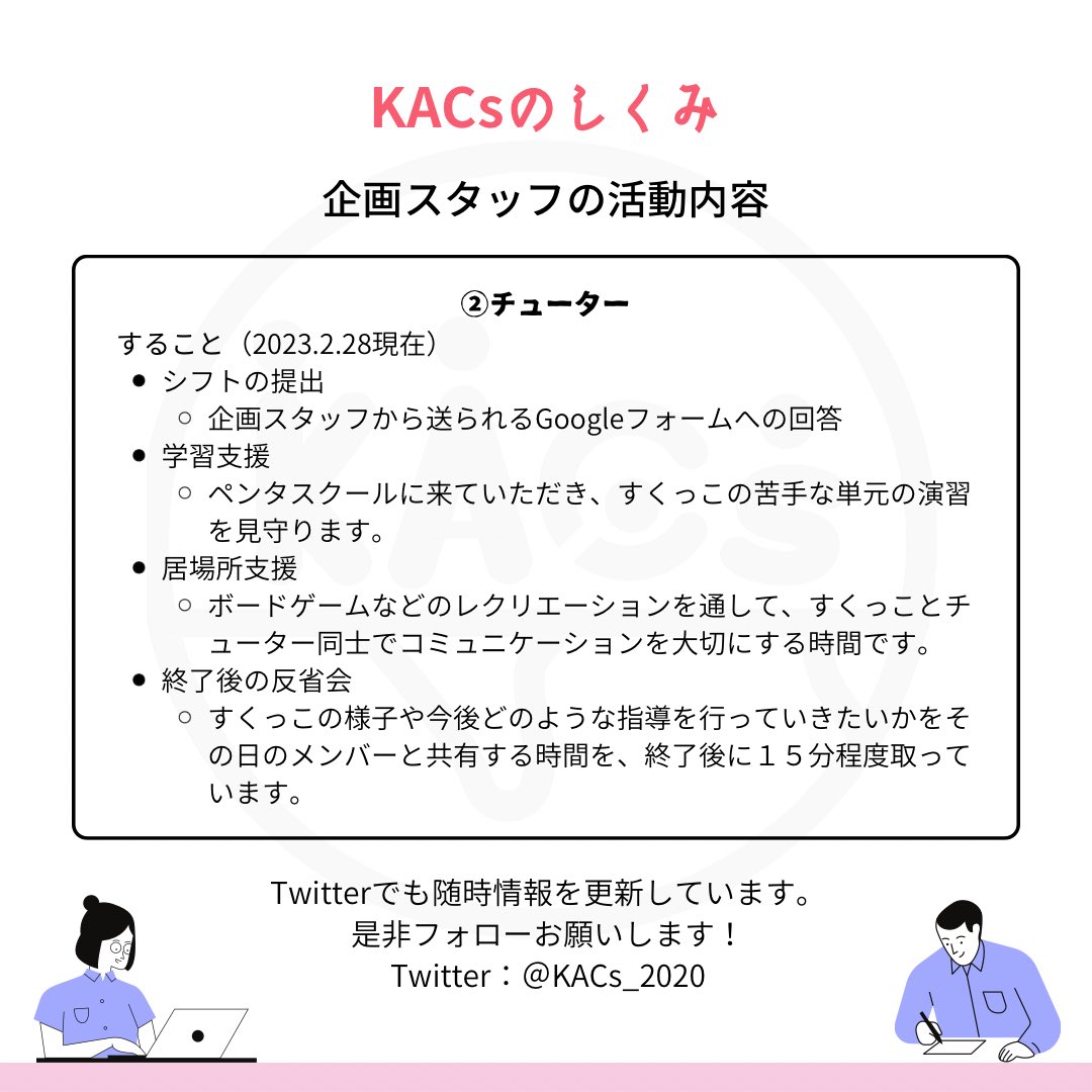 KACsWelcome2023's tweet photo. 【新歓投稿１２・KACsのしくみ】

みなさんこんばんは！
学生団体KACsです🐧

今回は、私たちKACs内部のしくみをご紹介いたします！

KACsは現在、①企画スタッフ・②チューターという2種類のメンバーで構成されています(詳細は画像をご覧ください🌸)。

#学生団体 #新歓 #インカレ #学習支援教室 https://t.co/OSU7lioz7o