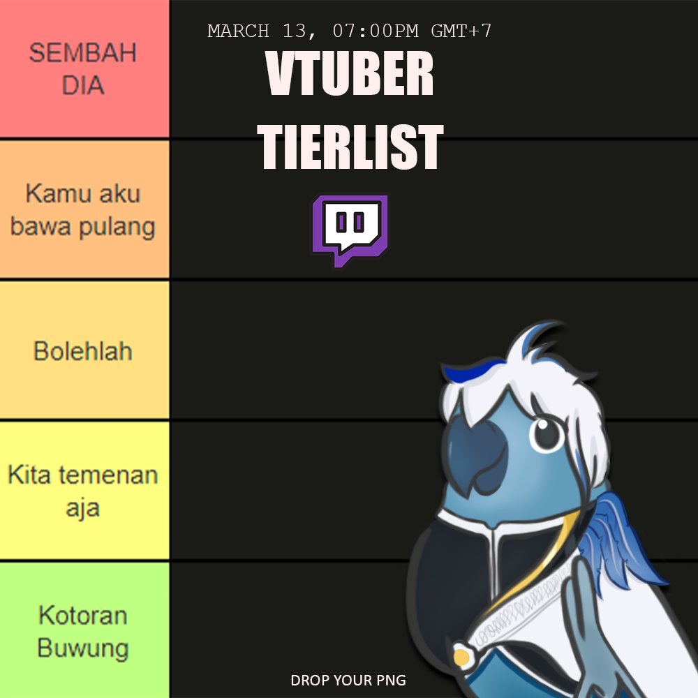 ShieruEris's tweet photo. 👀VTUBER TIER LIST - Monday, 13 MARCH - 7PM 👀
RT is appreciated!! 💙💙

Please put your best png &amp; I'm going to put you in one of these lists on stream.

#VTuberUprising #PNGtubers https://t.co/utR4LlWkAE