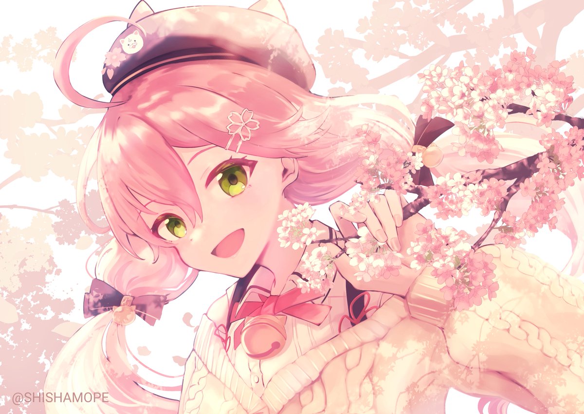 sakura miko 1girl green eyes pink hair hat solo ahoge cherry blossoms  illustration images