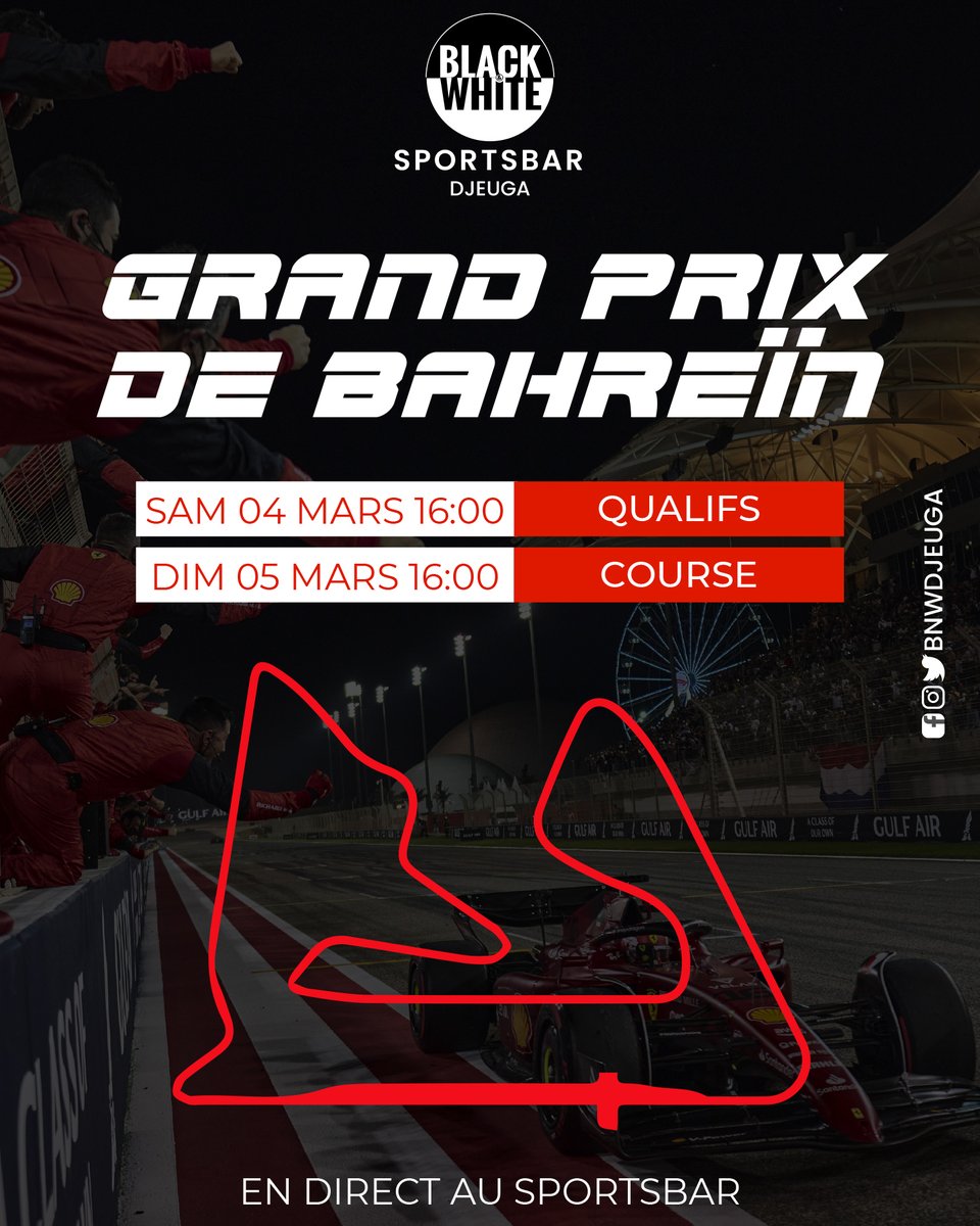 BnWDjeuga's tweet photo. 🏎🏁 𝗙𝗢𝗥𝗠𝗨𝗟𝗘 𝟭 : 𝗚𝗣 𝗕𝗔𝗛𝗥𝗘𝗜̈𝗡 🇧🇭

Fans de #F1, c'est le grand jour ! Le championnat de Formule 1 reprend avec le #BahreïnGP diffusé en direct au SportsBar ! Venez vivre l'excitation des courses avec nous.

Dites-nous en commentaire 💬⤵️ qui remportera la course. https://t.co/Ip7bwQ2fvk
