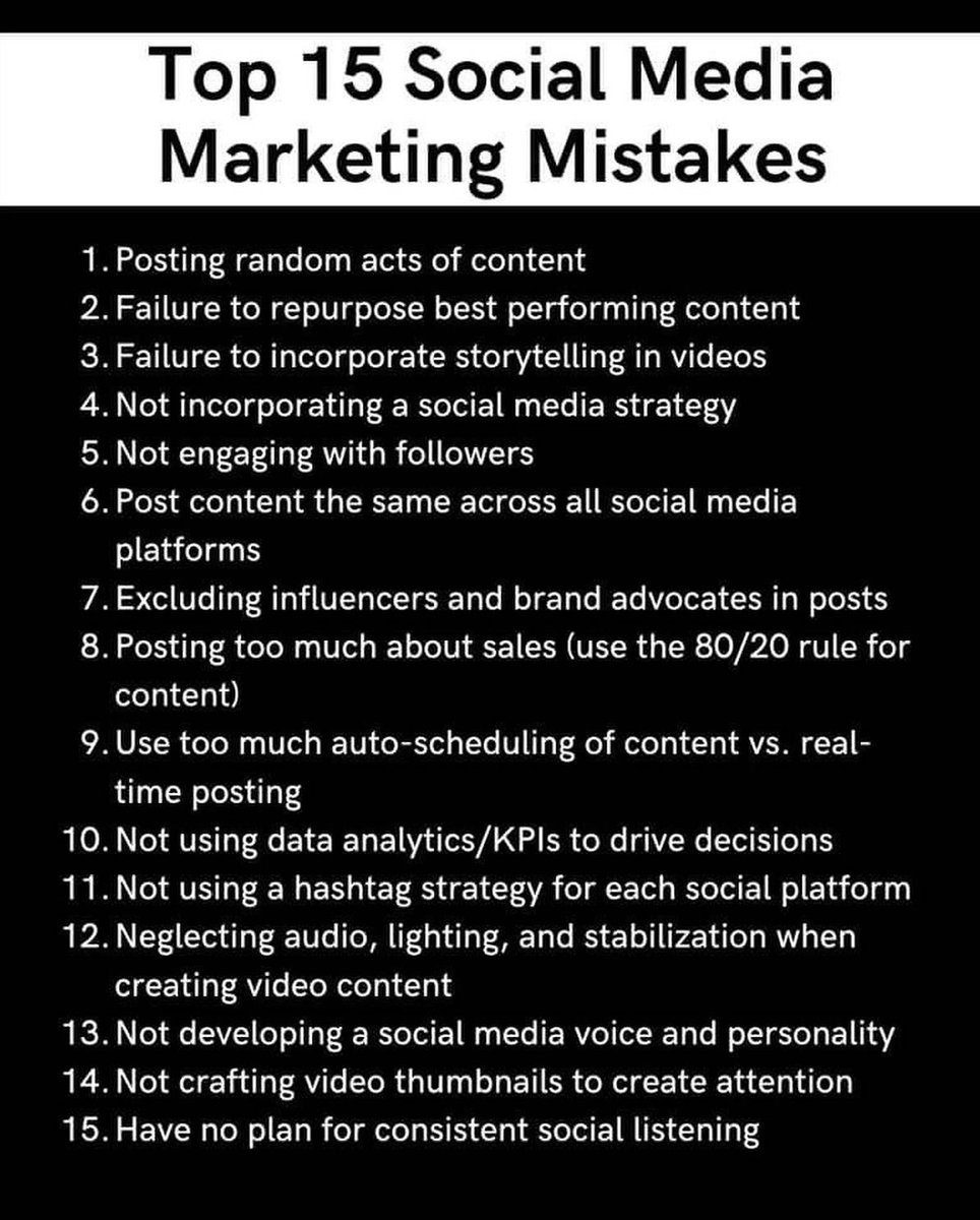 GuyDanhoff's tweet photo. In my Marketing & Budgeting class we are reviewing the Top 15 Social Media Marketing Mistakes made by marketers.
Source: Danhoff, G. & Krebs, L. #Zagging Building Advocacy Through Digital & Social Media Marketing by @KendallHuntHE
Book info: https://t.co/gmqzF1VC2S https://t.co/RsqSTPqYw5