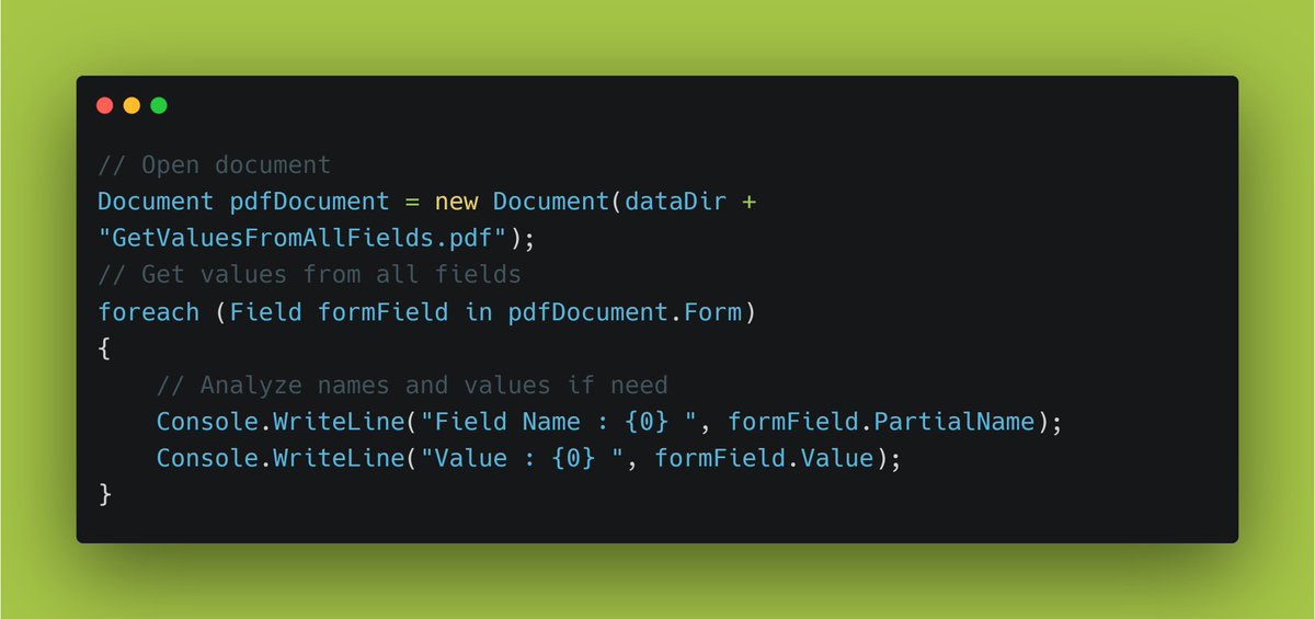 AsposePDF's tweet image. Extract AcroForms in PDF using C# just in few lines code (in the picture). For more detailed information, please use this link: products.aspose.com/pdf/net/acrofo… 
#PDF #Dotnet #AcroForms #development #developers @writeIThere1 @andruhovski @aspose
