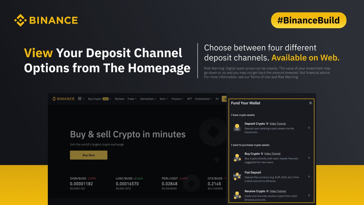 Adding funds to your account just got easier!

You can now find multiple deposit channel options when you click on the deposit button on the #Binance homepage.

Our latest #BinanceBuild update.