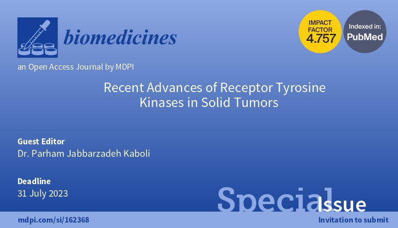 PKaboli's tweet photo. 👉👉👉 You are invited to write a comprehensive review on receptor tyrosine kinase signaling in solid tumors in the next 6 months,
submit it to this Special Issue at @MDPIOpenAccess #Biomedicines (impact factor= 4.757)

https://t.co/umgtYOcPhQ

#aacr #cancer #cancerresearch https://t.co/ENAFvUHfms