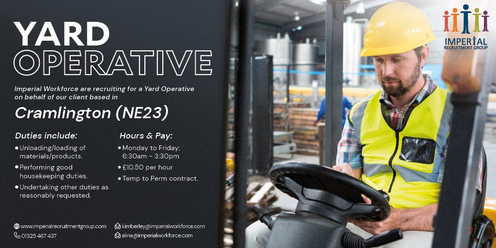 📢 ***Imperial Workforce Job of the day! *** We've got an excellent opportunity for a Yard Operative based in Cramlington (NE23).

Contact Kimberley Walton, Account Manager - 01325467437, kimberley@imperialworkforce.com
lnkd.in/e-fXhs9

#yardoperative