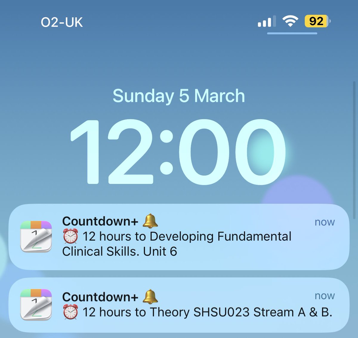 Gillian321part2's tweet image. It is 12 hours to Developing Fundamental Clinical Skills. Unit 6. It is also 12 hours to Theory SHSU023 Stream A &amp;amp; B for my uni. 

#MyPhoneCountdowns.