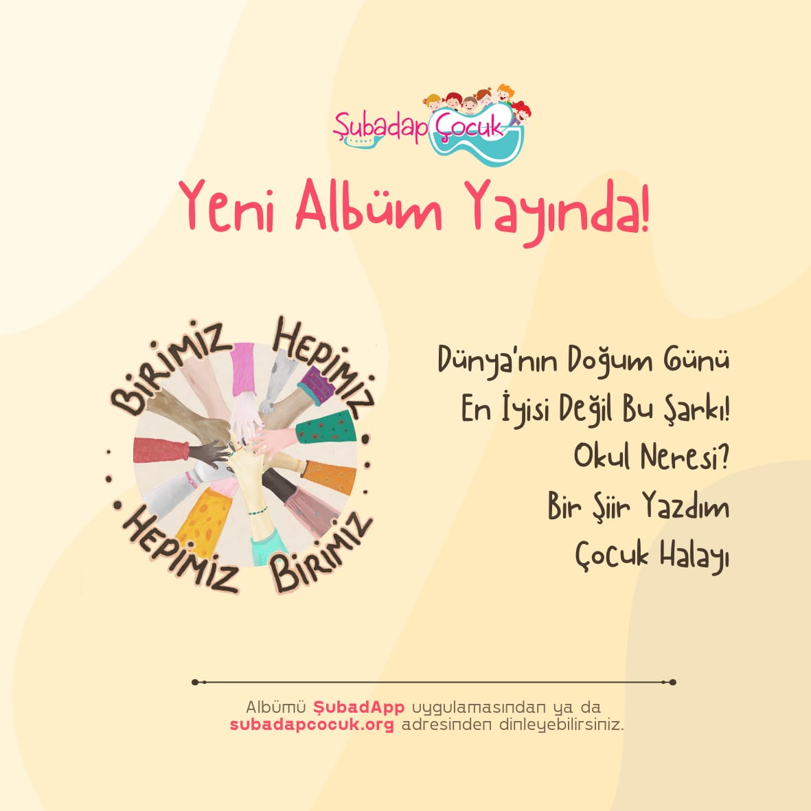 HKSD çocuklarının da sesleri ile katkı koyduğu "Birimiz Hepimiz, Hepimiz Birimiz İçin" isimli yeni Şubadap Çocuk albümü bugün yayınladı. Şimdilik albüme ŞubadApp uygulamasından ulaşabilirsiniz. 

Dostlarımızın da dediği gibi: "Müziğin özgürce dinlenebilmesi umuduyla!"