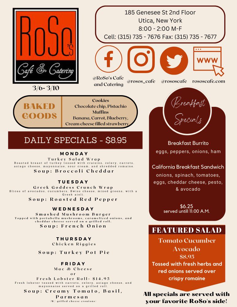 rososcafe's tweet photo. Start your week with our delicious breakfast and lunch specials at RoSo’s Cafe! #rososcafe #breakfast #downtownutica #lunch #breakfast #catering #soups #salads #sandwiches https://t.co/4xp6sE9kdz