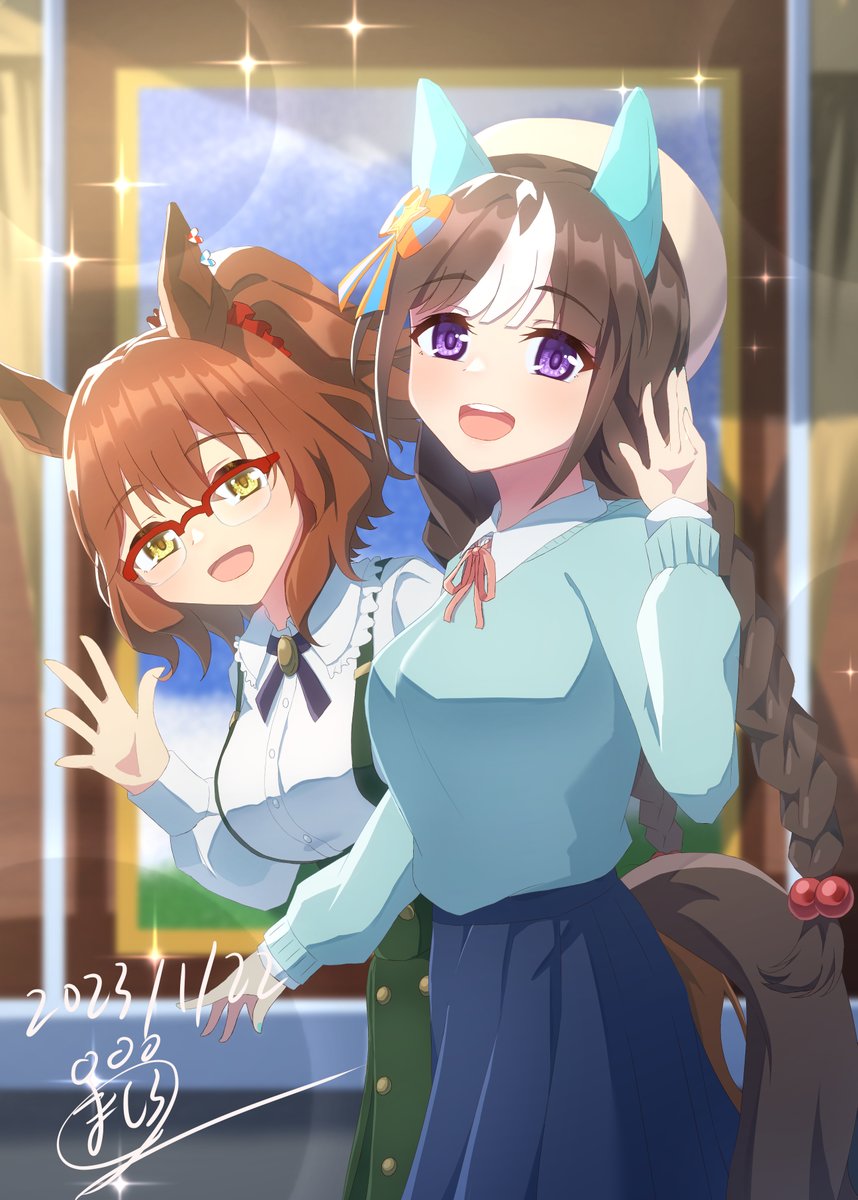 eishin flash (umamusume) multiple girls 2girls animal ears horse ears apron oven mitts tracen school uniform  illustration images