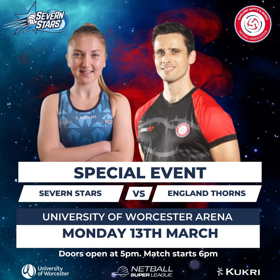 🏐 Thorns vs <a href="/SevernStars/">Severn Stars NSL</a> 🏐

A fantastic opportunity to watch our new look Thorns 🌹 against the Stars on Monday 13th March! 

Stars have made a brilliant start to the <a href="/NetballSL/">Netball Super League</a>! 

Head on down to Worcester Arena! 🌹⭐️

Tickets on sale👉 bit.ly/3Su8uiN

#netball