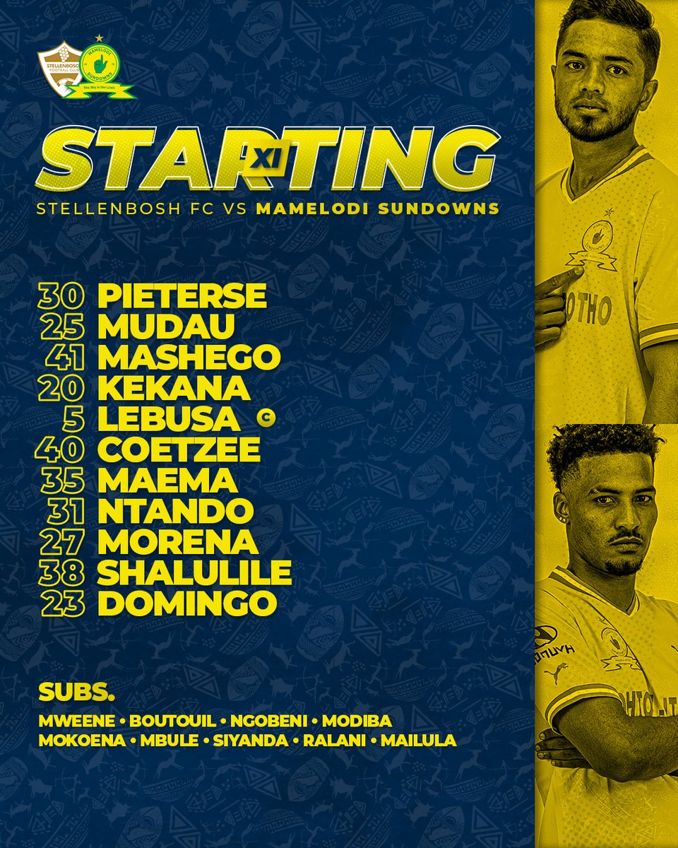 🚨𝙎𝙏𝘼𝙍𝙏𝙄𝙉𝙂 𝙓𝙄🚨

🆚 Stellenbosh FC
⏰ 15H30
🏟 Danie Craven Stadium
📺 SS 202

#Sundowns #DStvPrem