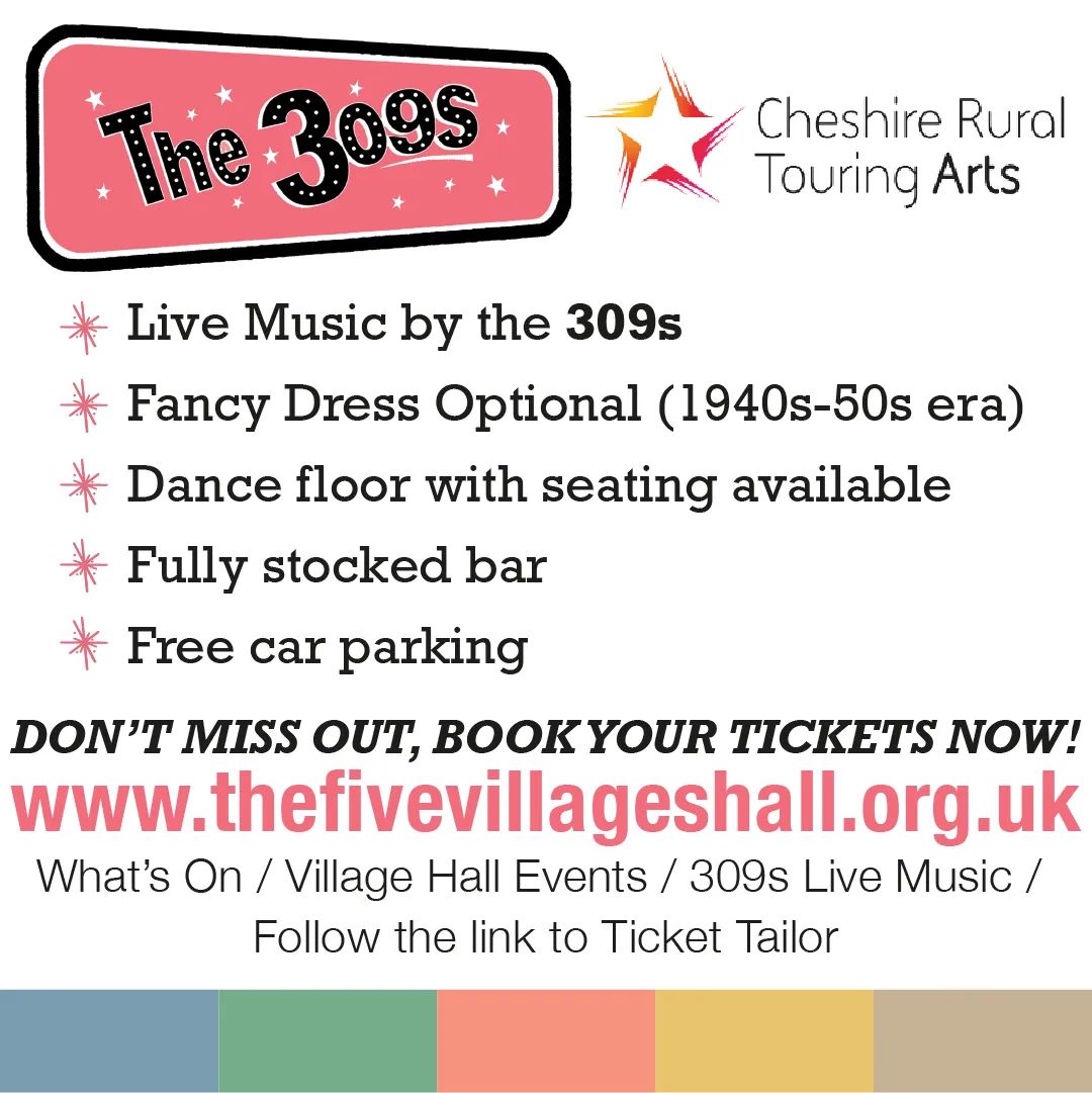 TFVillagesHall's tweet photo. 📢 New Event at the Hall! 📢 Enjoy LIVE MUSIC by the talented THE 309s, playing great tunes from the 40s and 50s.

Tickets £ 15 pp
https://t.co/UGNUoX6m0O
🗓  Friday, 5th May 2023
🕰  Doors open at 7pm, the event starts at 8pm https://t.co/FhXmJrD739