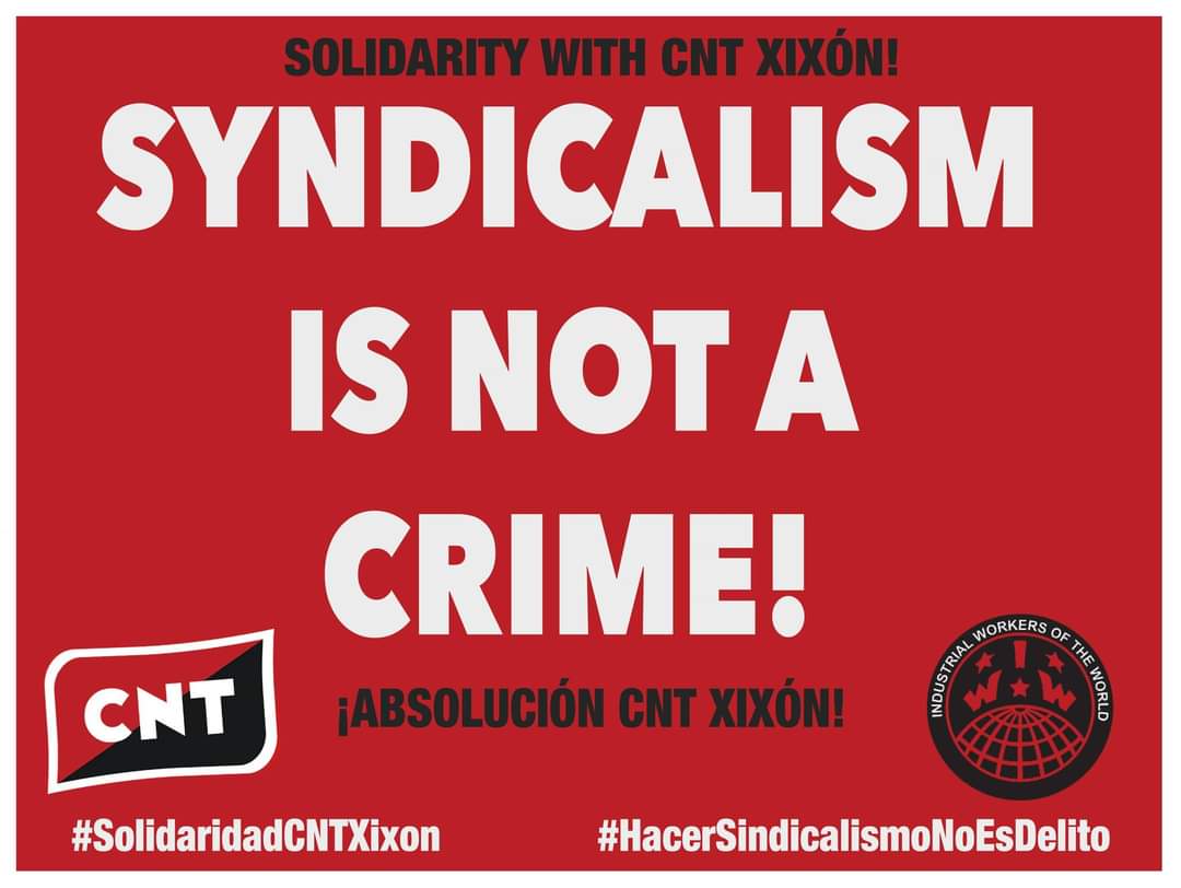 The IWW extends its solidarity with the 6 CNT trade union activists sentenced to 3.5 years in prison & a fines. 
Syndicalism is NOT a Crime!
@CNTXixón 
#LaSuizadeXixónisnottheonlyone
#HacerSindicalismoNoEsDelito
#Mujerescondenadasporcuidardemujeres
#IWD23 #Syndicalisminotacrime