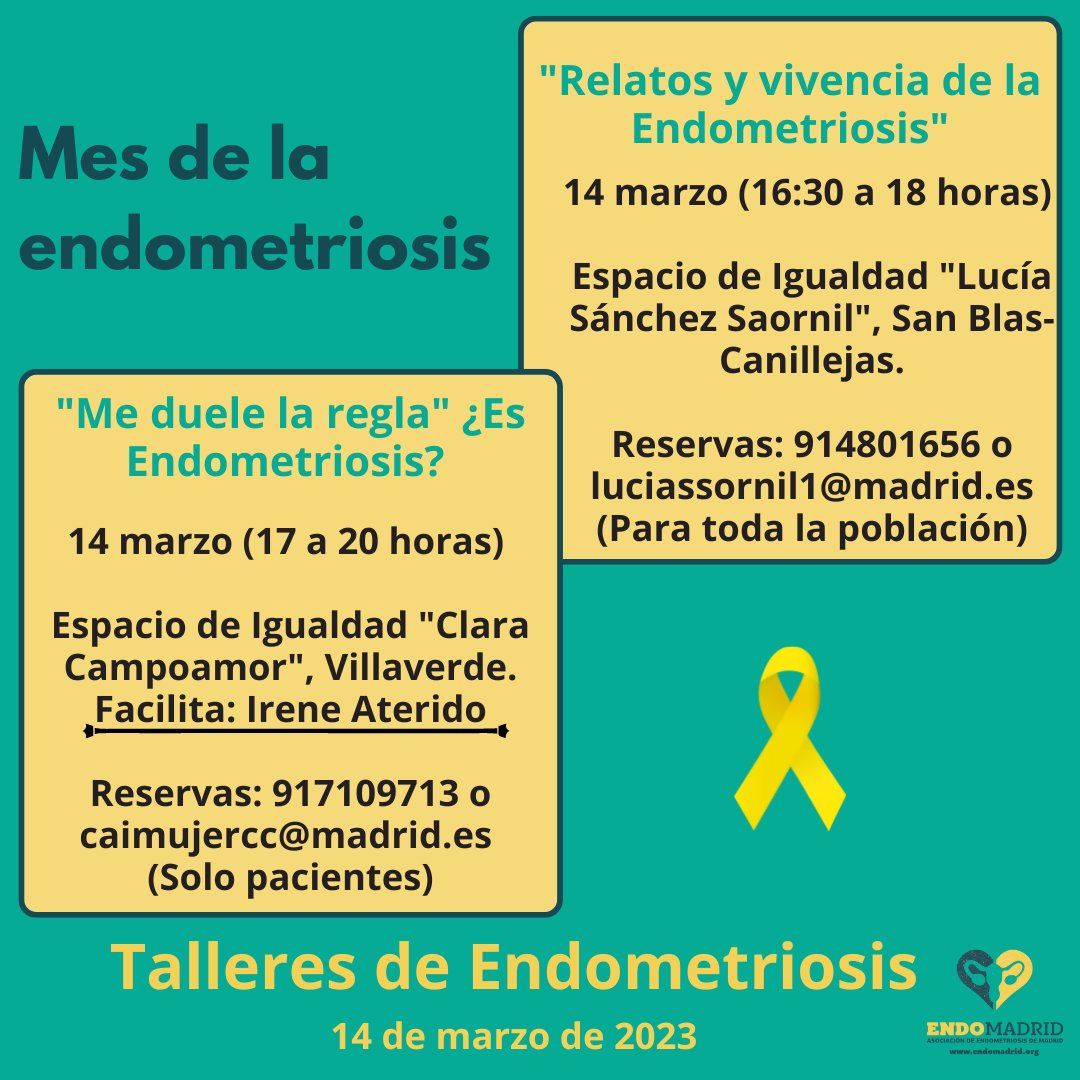 Seguimos con las actividades de este mes 💪
En este mes habrá dos talleres sobre Endometriosis ( toda la info en el post) o si lo prefieres envíanos un mensaje y te mandamos la info 💛
Los dos talleres será el día 14 de marzo en distintos puntos de Madrid
#JuntasSomosMásFuertes