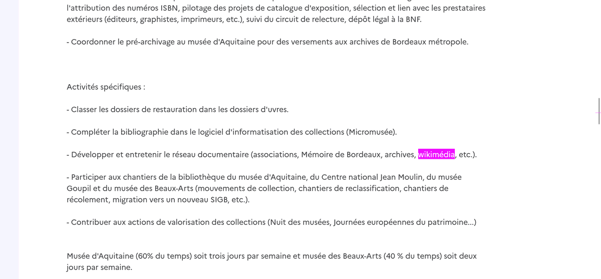 Pyb75's tweet photo. La mairie de @Bordeaux recherche un.e documentaliste pour notamment le @MuseeAquitaine et le @MusBA_bordeaux. Une des tâches est de développer les liens avec Wikimedia 👏 https://t.co/t6qYSDnJSC #Cubale #Wikipedia https://t.co/Q44KtVXlHo