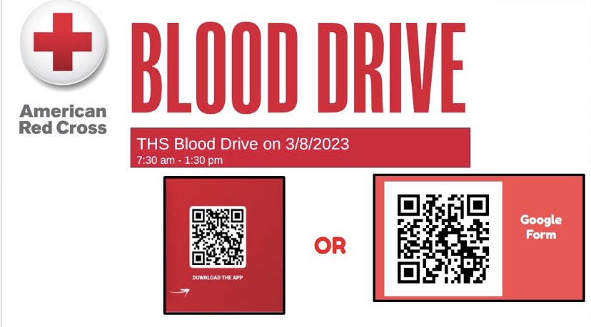 THS Blood Drive is Wednesday, March 8. Sign ups are still available with Red Cross app or our form. Use QR code below <a href="/marktreen/">Mark Treen</a> <a href="/THSMr_Horner/">Mark Horner</a> <a href="/THS_Staszak/">Arene Staszak</a> <a href="/thstale/">The Devils' Tale</a> <a href="/THS_StudSenate/">THS Student Senate</a>