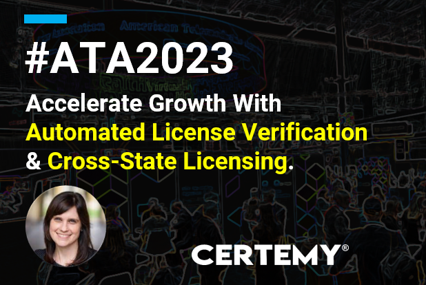 lookuplicense's tweet photo. Certemy at #ATA2023 in San Antonio! Meet Mary Alice Olsan who has helped thousands of clients automate license verification, compliance while growing revenue with cross-state licensing.
➤ Learn more at https://t.co/QG0m0UqNXA
#ata2023 #telemedicine #ata #telehealth #certemy https://t.co/RQxTnSy4IU