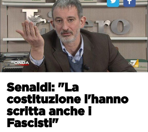 PossibileIt's tweet photo. Pensavamo di averle sentite tutte. E invece bisogna ricordare a #Senaldi, Direttore di Libero, che non solo l'MSI non partecipò alla Costituente, ma che la Costituzione nasce proprio come reazione al Fascismo, articolo per articolo. Ignoranza o tentativo di riscrivere la Storia? https://t.co/ssLJuQz47i