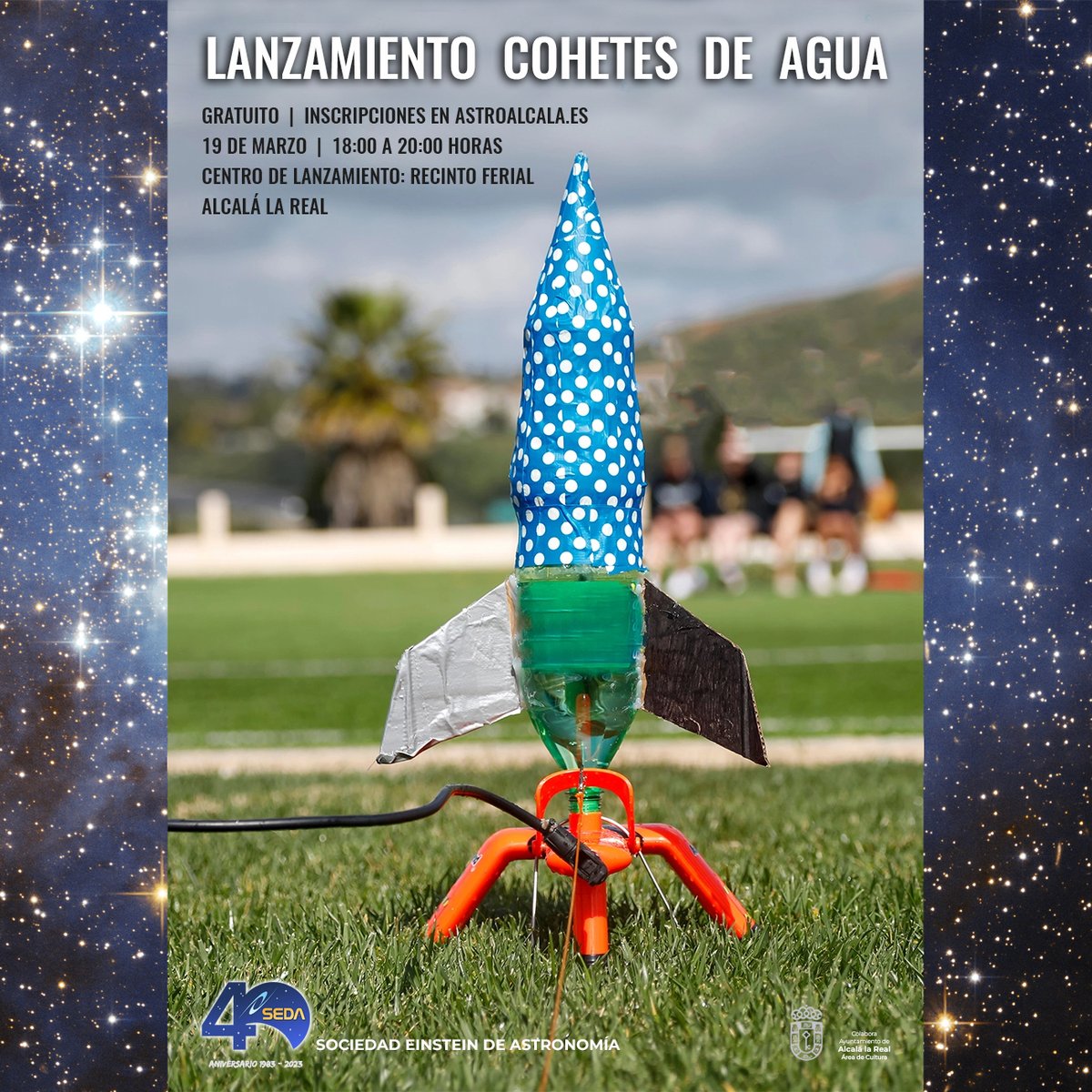 ¿Sabías que con una simple botella de plástico y un poco de agua podemos construir cohetes que alcanzan una altura considerable?
3...2...1...¡DESPEGUE!   Una astro-actividad para niños de 5 a 99 años.
Te invitamos al Centro de Lanzamiento.
Inscripciones en astroalcala.es/40-aniversario/