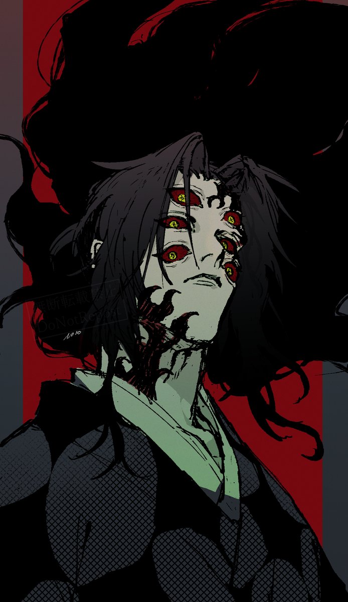 extra eyes 1boy male focus solo red sclera black hair red eyes  illustration images