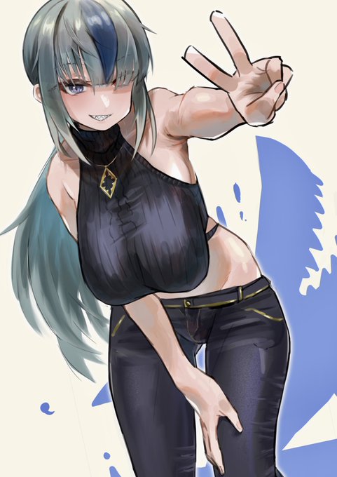 ギザ歯オッドアイニット青メッシュ横乳丸出しお姉さん… 