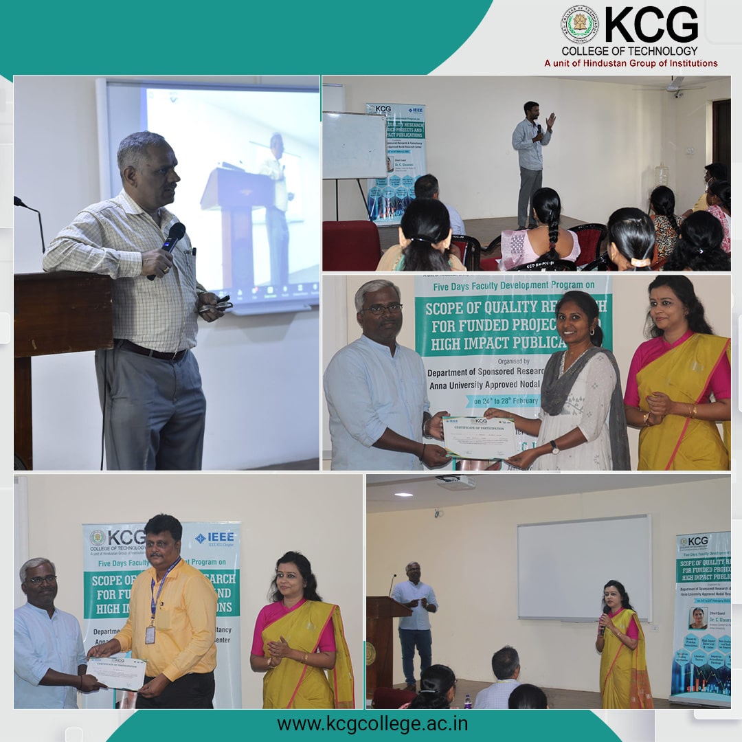 KCGtechnology's tweet photo. The Department of Sponsored Research &amp; Consultancy Anna University Approved Nodal Research Center organized a Five Day Faculty Development Programme on Scope of Quality Research for Funded Projects and High Impact Publications from 24th to 28th February 2023.
#KCGCollege https://t.co/EPyVk3f5my