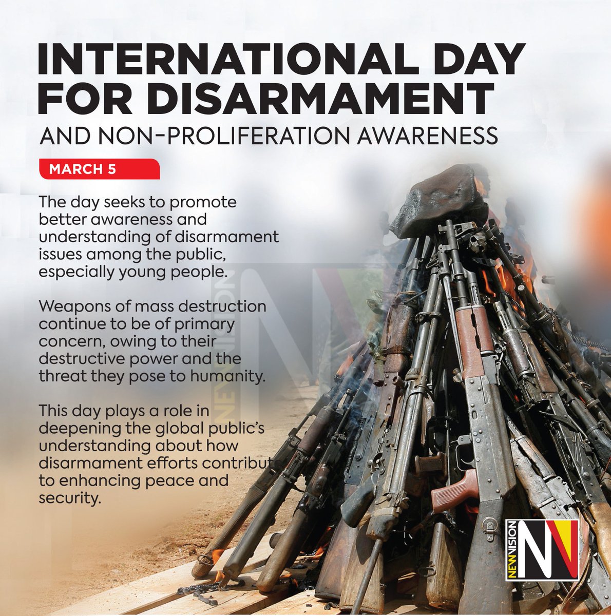 newvisionwire's tweet photo. Today is the International Day of Disarmament! Let's strive for peace and security by reducing weapons and promoting cooperation. 🕊️💥🚫 
#VisionUpdates https://t.co/naQZ5vMpHF