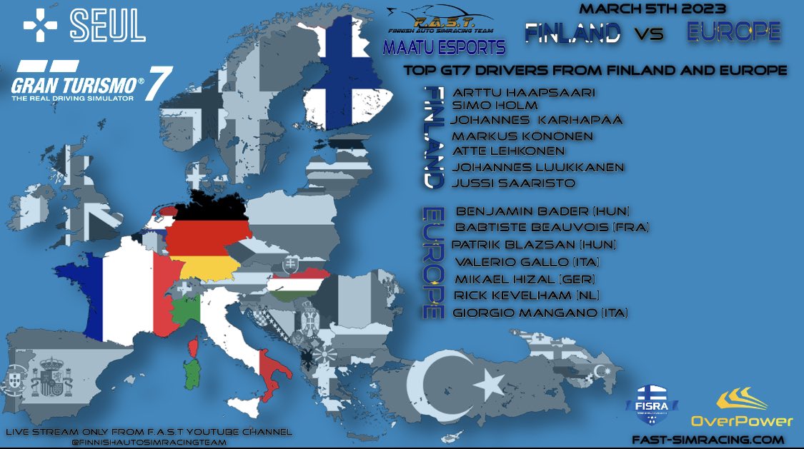Linkit tämän illan Finland VS Europe lähetyksiin: 

Auto ja Rata-arvonta
youtu.be/jcxY-Eid4FU

Aika-ajo ja kisa
youtu.be/OUFcTL13fwo

Nähdään kisastudioissa!

Robio Oy
<a href="/simracingfi/">FiSRA</a> 
<a href="/OPGG_FI/">OverPower</a> 
<a href="/MaatueSports/">Maatu eSports</a> 
<a href="/PlayStationFI/">PlayStation Suomi</a> 
<a href="/SEULry/">SEUL</a>