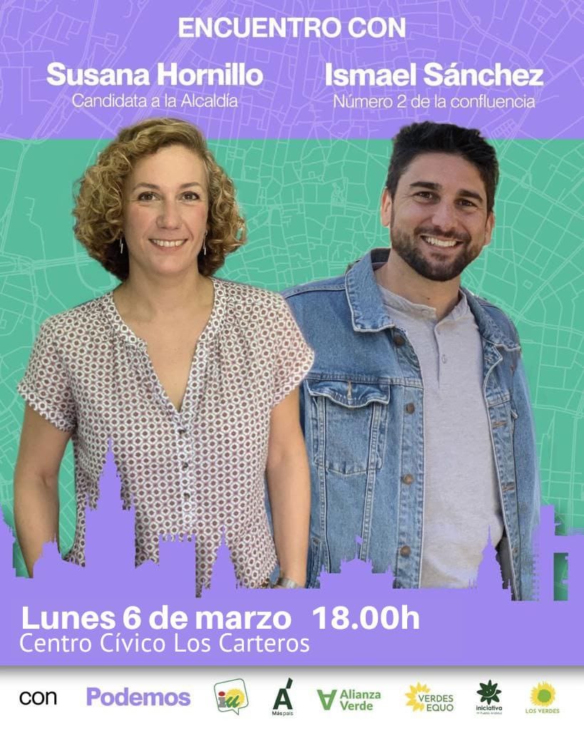 iusevillaciudad's tweet photo. 👥 Nuestro candidato a las elecciones municipales @ismaelsc_ y la candidata a la Alcaldía, @SusanaHornillo, mantienen este lunes un encuentro abierto con vecinos y vecinas de Pino Montano y Macarena Norte en el Centro Cívico Los Carteros. 👇👇 https://t.co/OVfmHTKE79