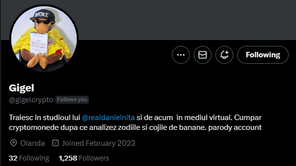Te-ai saturat de influenkeri? Si eu. Asta pentru ca pana acum am urmarit doar oameni.

Il urmaresc pe Gigel doar de azi si pot spune ca viata mea s-a schimbat.

<a href="/gigelcrypto/">Gigel</a> maimuta care stie crypto.