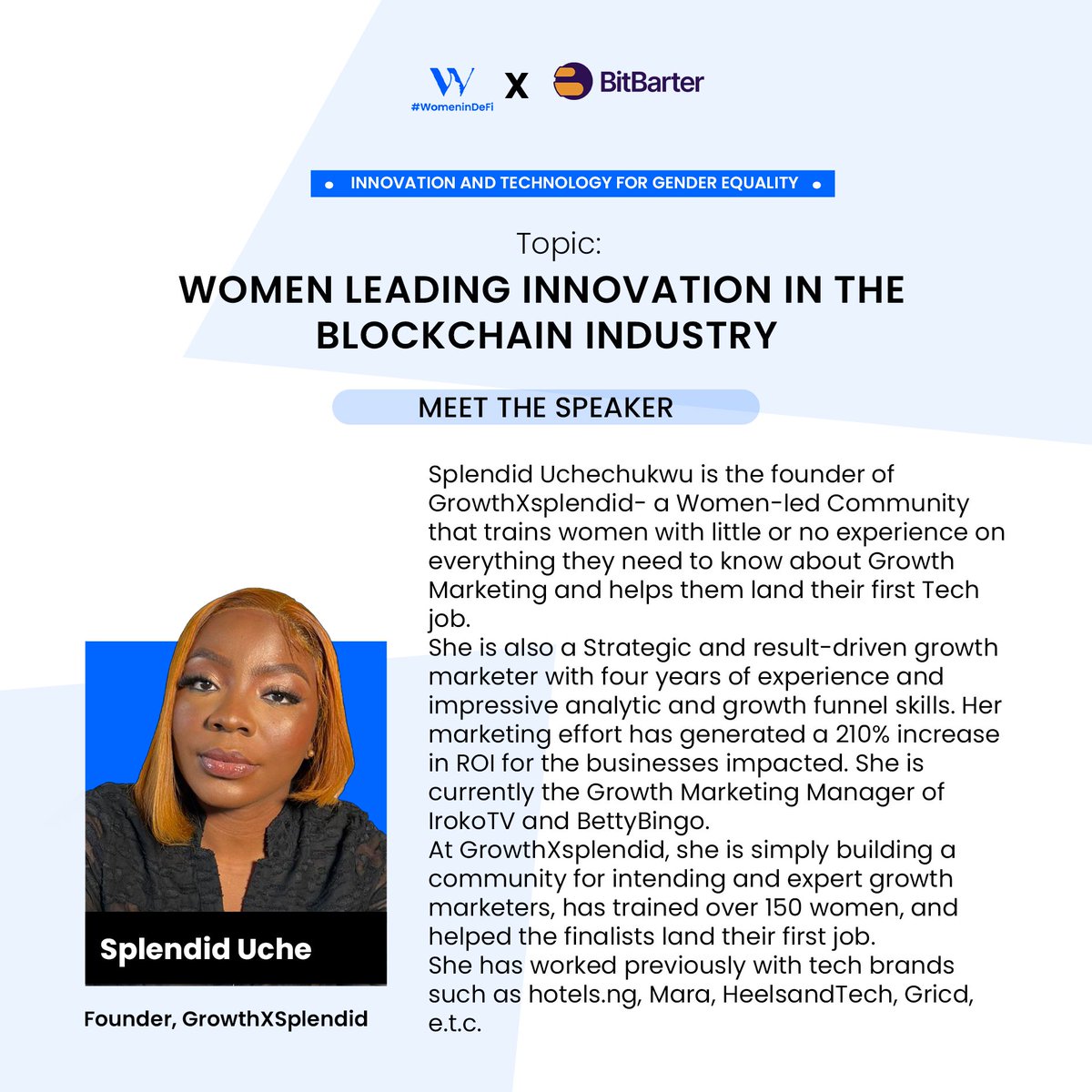 WomenInDeFi.eth (@womenindefi_org) on Twitter photo WOMEN LEADING INNOVATION IN THE BLOCKCHAIN INDUSTRY:
Meet your FOURTH speaker
<a href="/splendiduche/">Uchechukwu Splendid</a>,
Founder of <a href="/growthxsplendid/">GrowthxSplendid</a>
Growth strategist
Seasoned marketer
Educator.
A woman in tech
Make March 8th a date.
See you there!
6pm.
x.com/i/spaces/1mrxm…
#womenindefi WOMEN LEADING INNOVATION IN THE BLOCKCHAIN INDUSTRY:
Meet your FOURTH speaker
<a href="/splendiduche/">Uchechukwu Splendid</a>,
Founder of <a href="/growthxsplendid/">GrowthxSplendid</a>
Growth strategist
Seasoned marketer
Educator.
A woman in tech
Make March 8th a date.
See you there!
6pm.
x.com/i/spaces/1mrxm…
#womenindefi