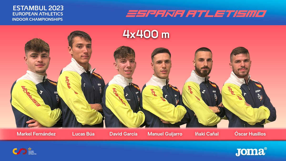 atletismoRFEA (@atletismorfea) on Twitter photo Los 𝐒𝐩𝐚𝐧𝐢𝐬𝐡 𝐁𝐞𝐚𝐭𝐥𝐞𝐬 incorporan a los 𝐏𝐢𝐦𝐩𝐨𝐥𝐥𝐨𝐬 en el <a href="/euroindoor2023/">EuroIndoor 2023 Istanbul</a> 👨🎤👨🎤🐣🐣
4x400m 🚹 LA FINAL
Así saldrá #EspañaAtletismo 👇🏼
<a href="/oscarhusillos/">Oscar Husillos OLY</a> 🤝🏻 <a href="/markelsope1/">Markel Fernández Soto</a> 🤝🏻 <a href="/LucasBua/">Lucas Búa</a> 🤝🏻 <a href="/davgarzur/">davidzuriita</a>
⏰️ 17:10
📺 <a href="/teledeporte/">Teledeporte</a>
#PasiónPorCompetir Los 𝐒𝐩𝐚𝐧𝐢𝐬𝐡 𝐁𝐞𝐚𝐭𝐥𝐞𝐬 incorporan a los 𝐏𝐢𝐦𝐩𝐨𝐥𝐥𝐨𝐬 en el <a href="/euroindoor2023/">EuroIndoor 2023 Istanbul</a> 👨🎤👨🎤🐣🐣
4x400m 🚹 LA FINAL
Así saldrá #EspañaAtletismo 👇🏼
<a href="/oscarhusillos/">Oscar Husillos OLY</a> 🤝🏻 <a href="/markelsope1/">Markel Fernández Soto</a> 🤝🏻 <a href="/LucasBua/">Lucas Búa</a> 🤝🏻 <a href="/davgarzur/">davidzuriita</a>
⏰️ 17:10
📺 <a href="/teledeporte/">Teledeporte</a>
#PasiónPorCompetir