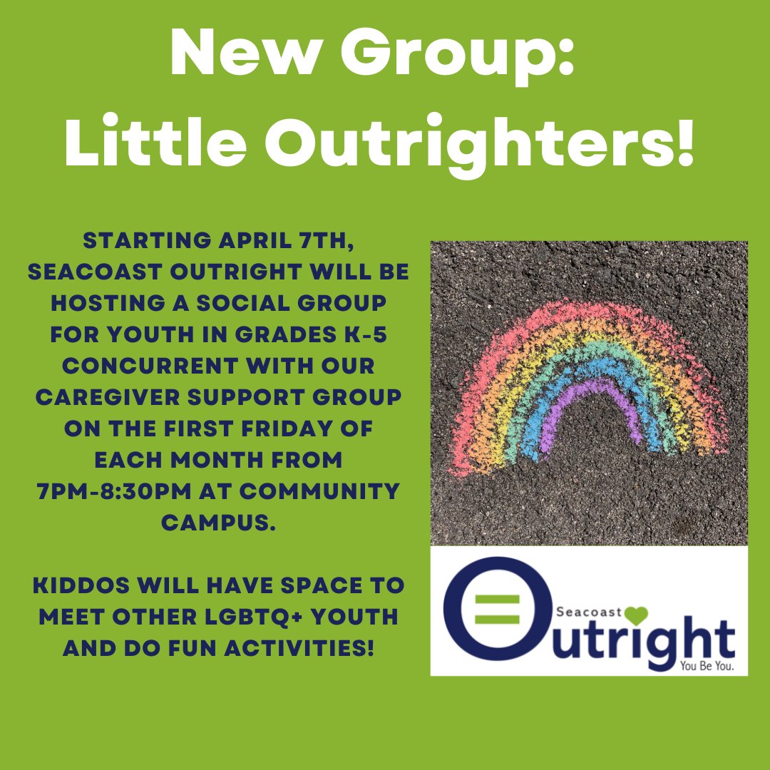 By popular demand, Seacoast Outright is starting a fun social group for Elementary Aged LGBTQ+ youth concurrent with our monthly parent/ caregiver support group! 

Groups will be run by trained facilitators. If you have questions, please reach out to Amy: Amy@seacoastoutright.org