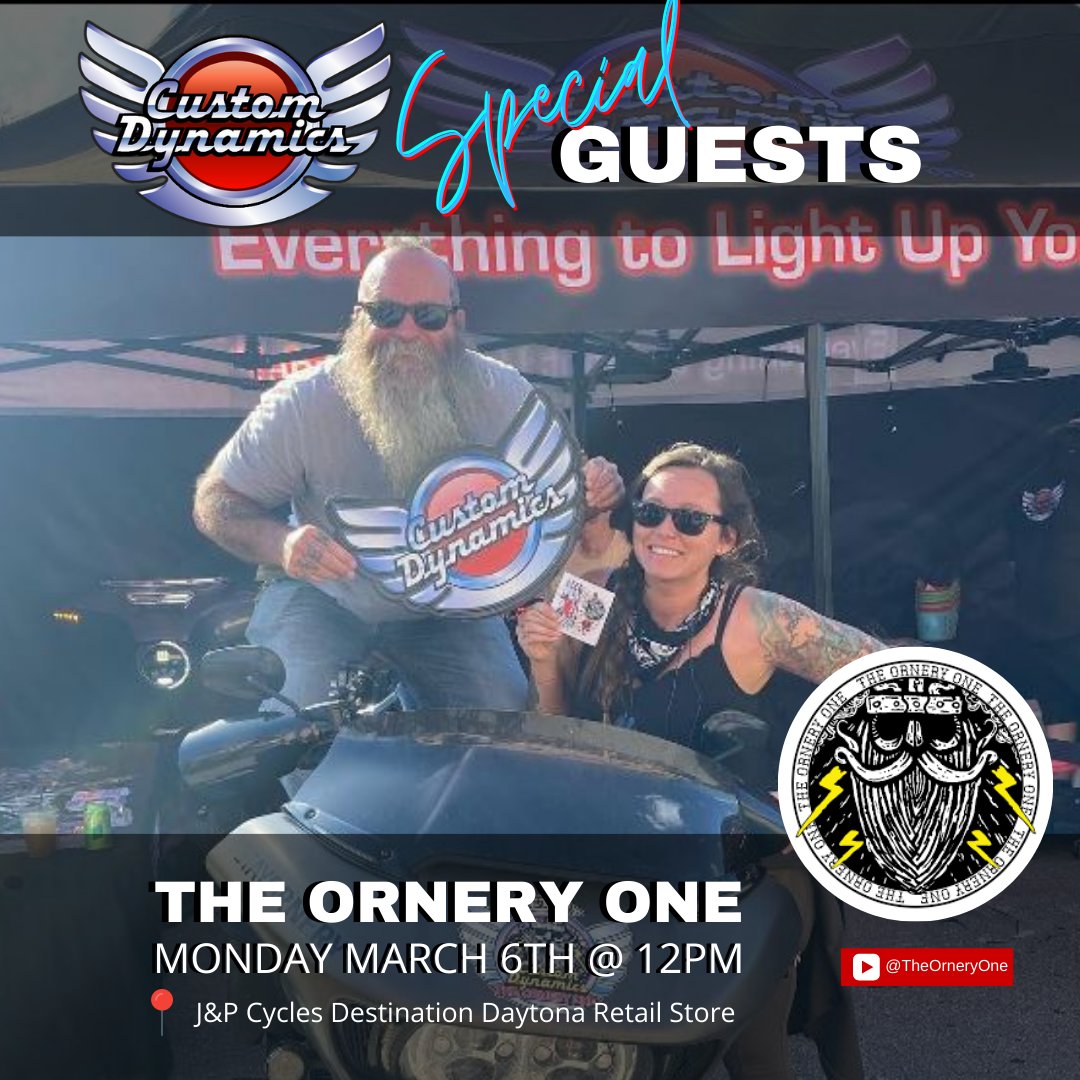 They are BACK! @the_ornery_one will be visiting our tent at #Bikeweek Monday, March 6th at 12pm. Don't miss your chance for free stickers and free hugs from this dynamic duo! 
.
#customdynamics #daytonabikeweek #harleydavidson #motorcycles #stayornery
