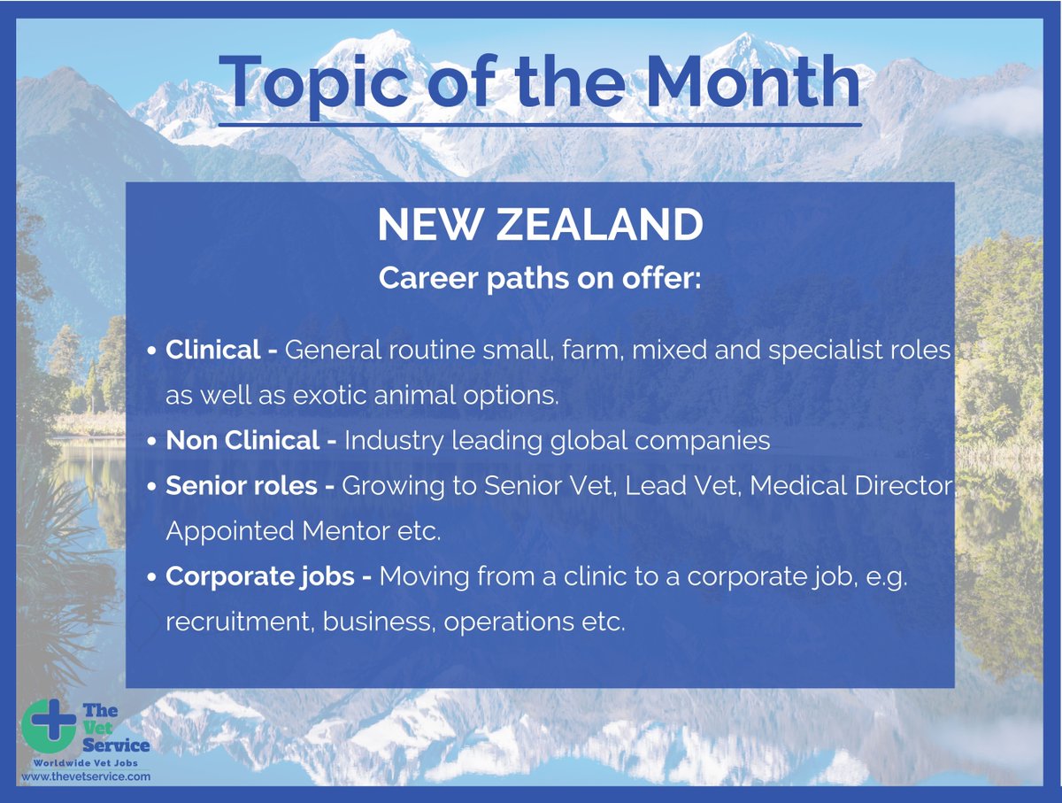 The topic of the month is New Zealand 💫

Read all about  👉Career paths on offer in New Zealand 🤩

#thevetservice #vetstudents #vet #veterinarymedicine #veterinarysurgeon #vetlifestyle #vetlife #vetlocum #vetjob #vetjobs