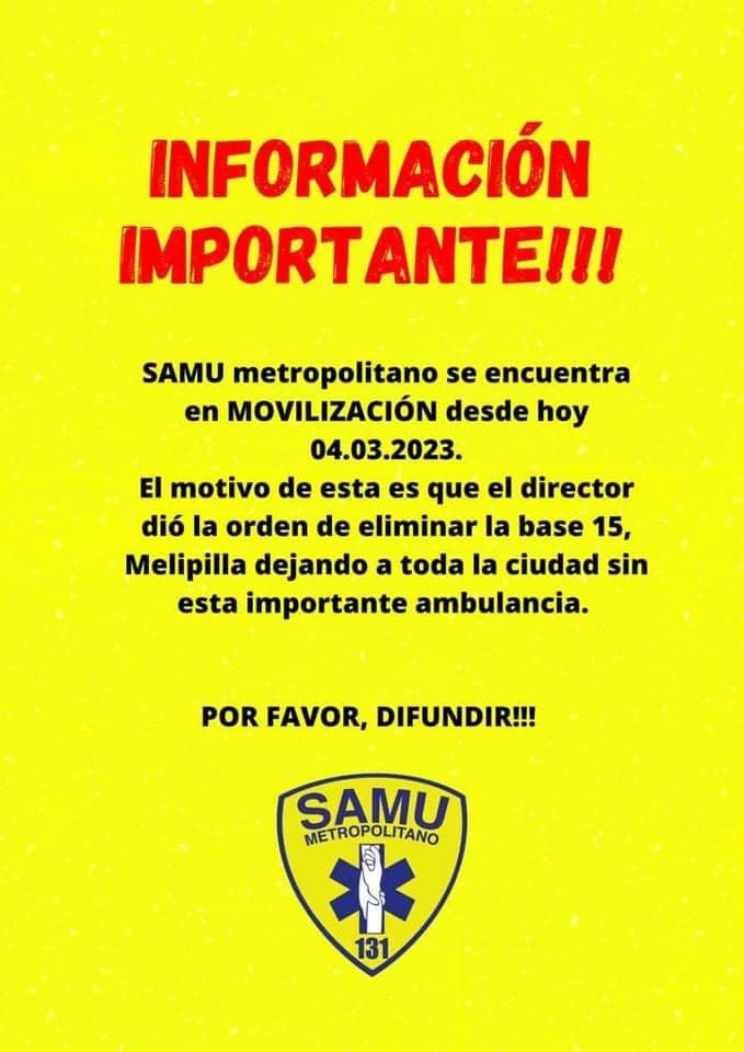 #Melipilla y sus comunas cercanas estan ad portas de quedar sin una Base SAMU, eso quiere decir, no importa si la gente se muere!. Hoy ante un infarto de un melipillano, existe gran probabilidad de que se llegue a tiempo para salvar esa vida. Mañana con … instagr.am/p/CpaDq8RNjnO/