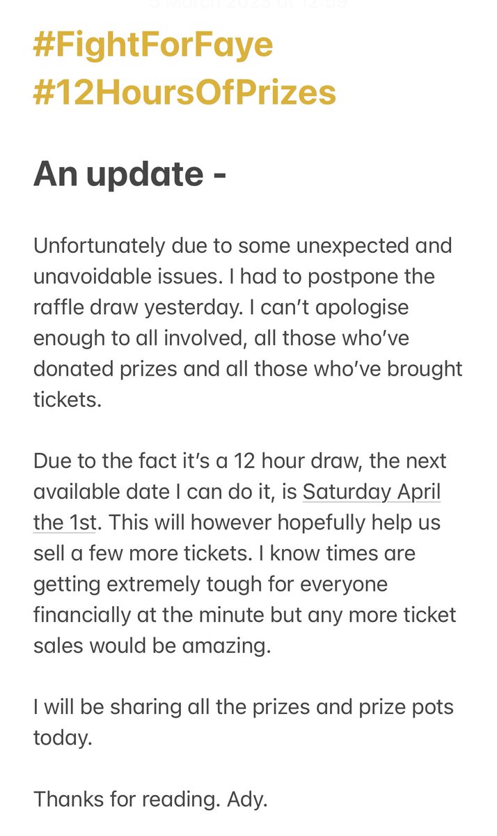 Please read an update on the #fightforfaye #12HoursOfPrizes raffle attached. 

All prize pot details will be announced this afternoon. I would really really really appreciate any shares later 🙏 <a href="/FightforFaye/">FightforFaye</a> <a href="/shiner_sam/">shiner_sam</a>