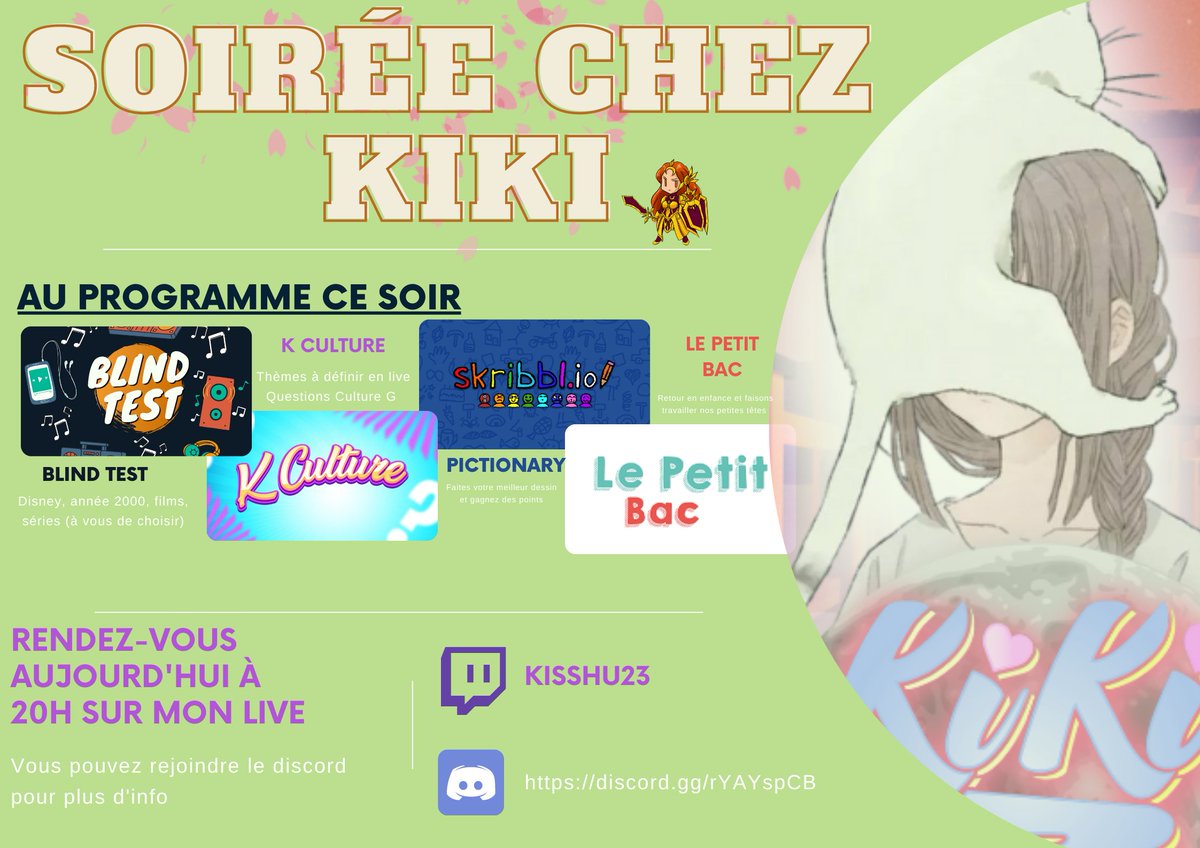 Kisshu23_'s tweet photo. 💫Soirées chez Kiki ce soir !💫
Pour ceux qui veulent plus d'infos : https://t.co/nqopqI804c
🗯Ça se passera sur mon live à partir de 20h : https://t.co/bSlc6hyrBU
#twitch #twitchfr #streamfr #streeaming #jeux https://t.co/kamcdFvsS4