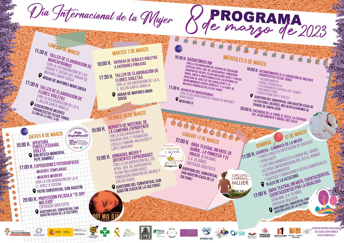💜 Esta semana, conmemoramos el Día Internacional de la Mujer, 8 de marzo.

🫂 Desde la concejalía de Igualdad, con la colaboración de asociaciones y colectivos, se ha organizado un programa de actividades que comienza este lunes y se prolongará hasta el domingo 12 de marzo.
