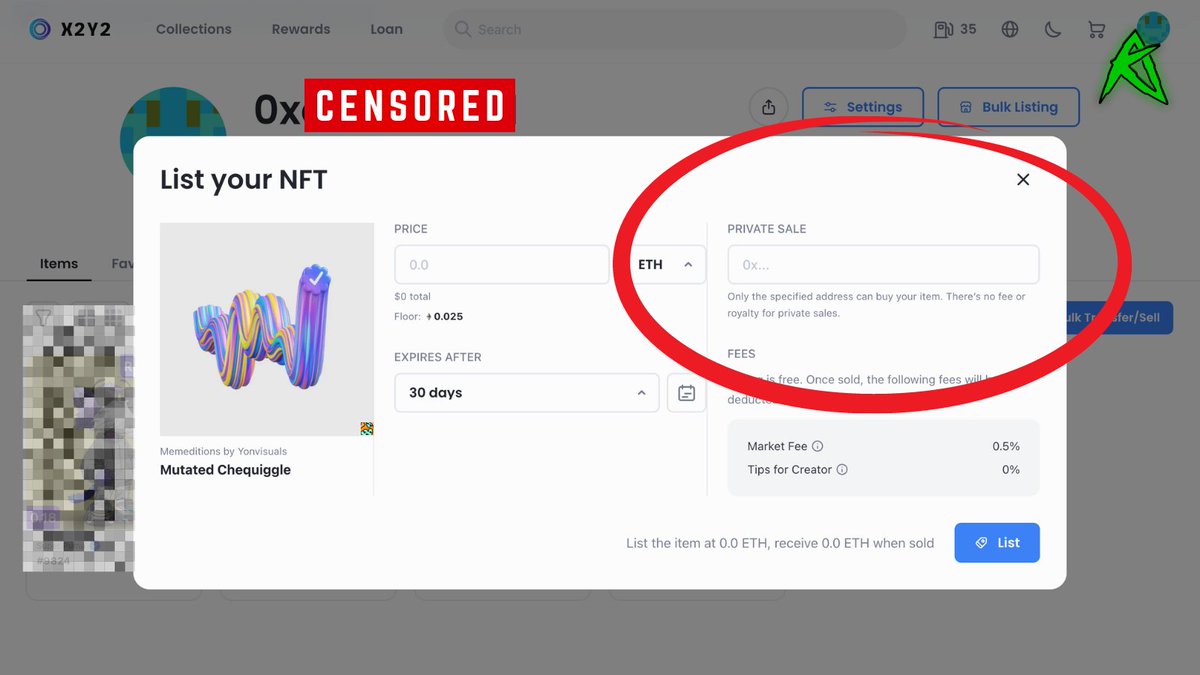 Basterà, nel momento di listing, inserire il wallet dell’acquirente nella sezione apposita (cerchiata in figura) e, una volta deciso il prezzo, il listing sarà visibile solo  all’utente selezionato.