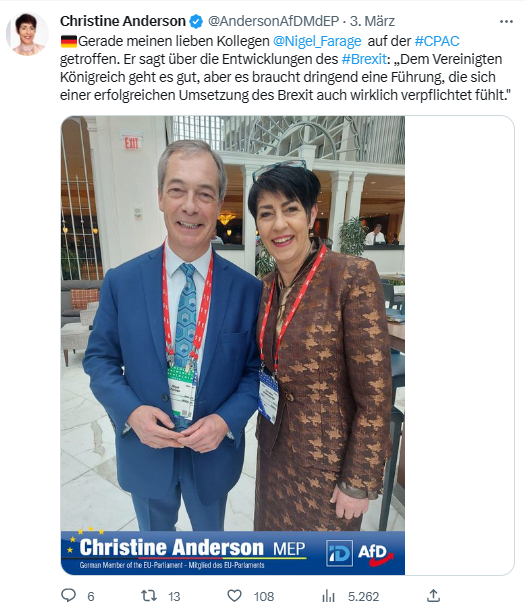 KreuzAcht's tweet photo. Christine Anderson, #AfD-Europaparlamentariern, ist ebenfalls auf dem #CPAC, dem Treffen US-amerikanischer Reaktionäre und Faschisten.
Es geht ihr darum, Kontakte zu knüpfen. https://t.co/keMO5tWNG1