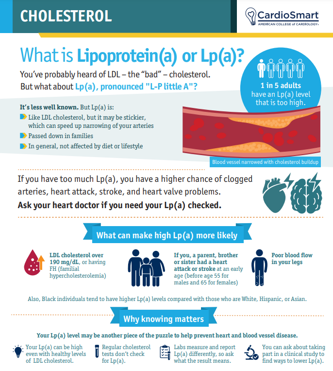 ACCinTouch's tweet photo. 1 in 5 adults have an Lp(a) level that is too high. 

Make sure your patients understand the risks of Lp(a) by sharing the #CardioSmart infographic below. 👇

https://t.co/j1JOVKSpuX #ACC23 #WCCardio https://t.co/r4qKCxVOSR